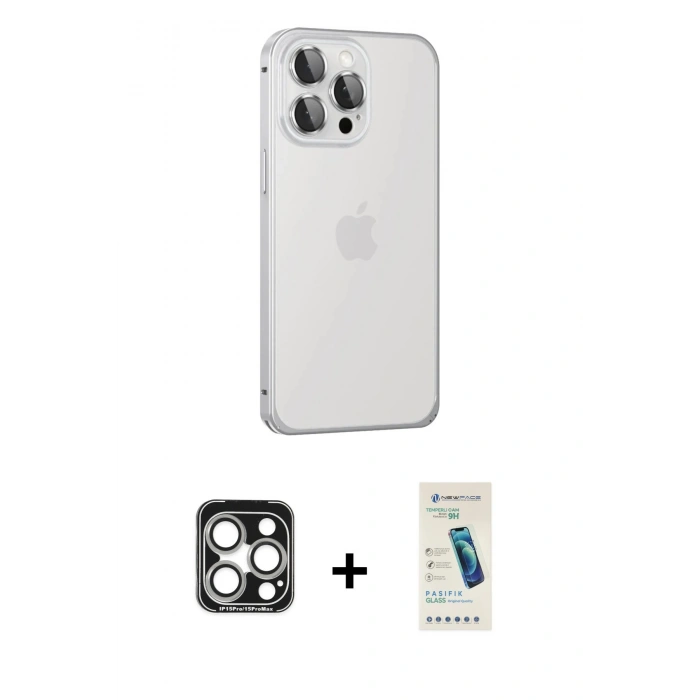 MARSİLYAN™- iPhone 15 Pro Max Kılıf Eksen Form Serisi - Şeffaf Pasifik Cam Ekran Koruyucu + PVD Metal Kamera Lens - GS