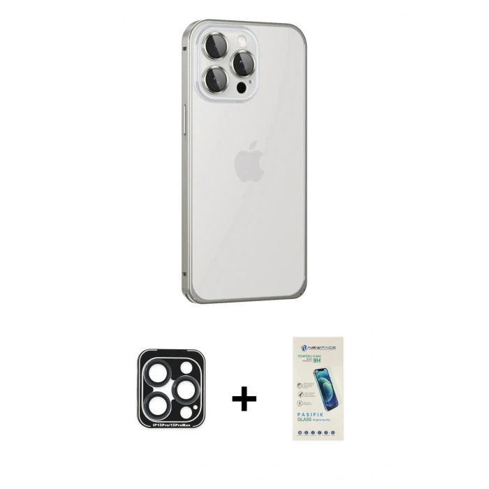 MARSİLYAN™- iPhone 15 Pro Max Kılıf Eksen Form Serisi - Şeffaf Pasifik Cam Ekran Koruyucu + PVD Metal Kamera Lens - LT