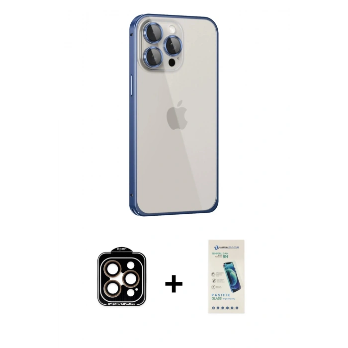 MARSİLYAN™- iPhone 15 Pro Max Kılıf Eksen Form Serisi - Şeffaf Pasifik Cam Ekran Koruyucu + PVD Metal Kamera Lens - TU