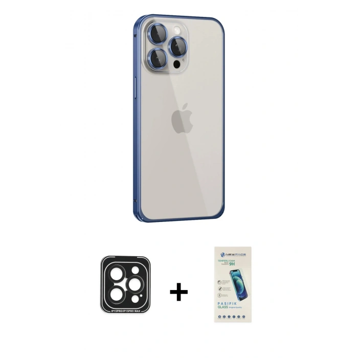 MARSİLYAN™- iPhone 15 Pro Max Kılıf Eksen Form Serisi - Şeffaf Pasifik Cam Ekran Koruyucu + PVD Metal Kamera Lens - SH