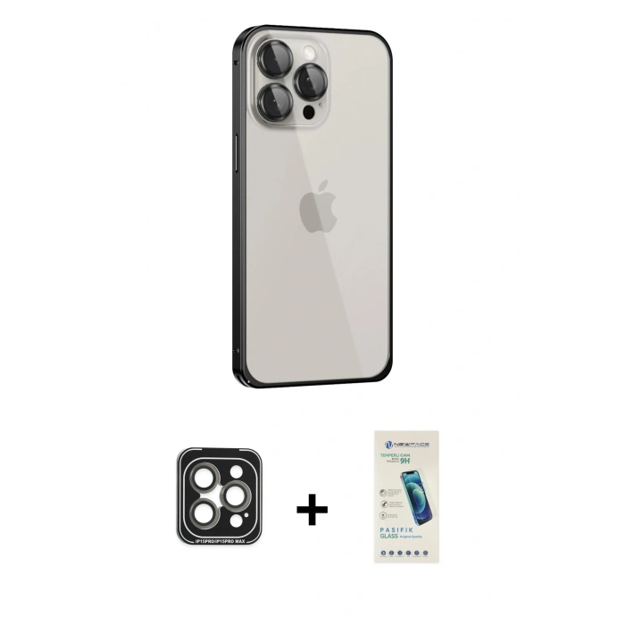 MARSİLYAN™- iPhone 15 Pro Max Kılıf Eksen Form Serisi - Şeffaf Pasifik Cam Ekran Koruyucu + PVD Metal Kamera Lens - GI