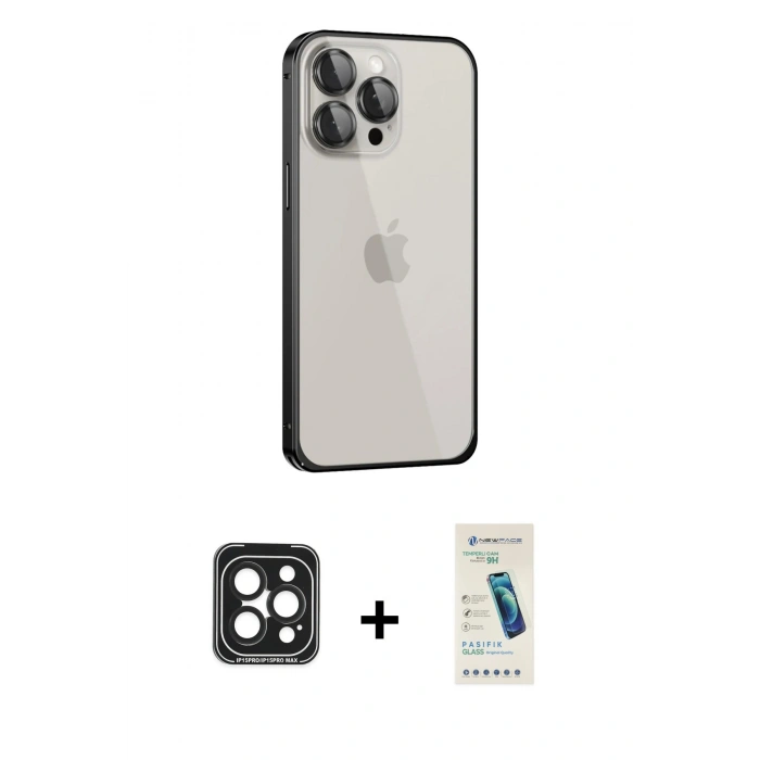 MARSİLYAN™- iPhone 15 Pro Max Kılıf Eksen Form Serisi - Şeffaf Pasifik Cam Ekran Koruyucu + PVD Metal Kamera Lens - SH