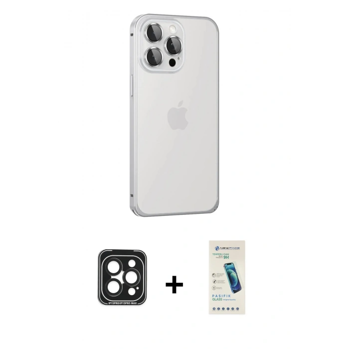 MARSİLYAN™- iPhone 15 Pro Max Kılıf Eksen Form Serisi - Şeffaf Pasifik Cam Ekran Koruyucu + PVD Metal Kamera Lens - SH