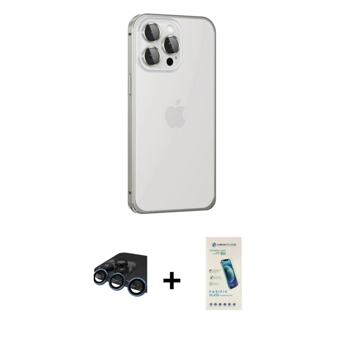 MARSİLYAN™- iPhone 15 Pro Max Kılıf Eksen Form Serisi - Şeffaf Pasifik Cam Ekran Koruyucu + Raze Metal Kamera Lens - LT