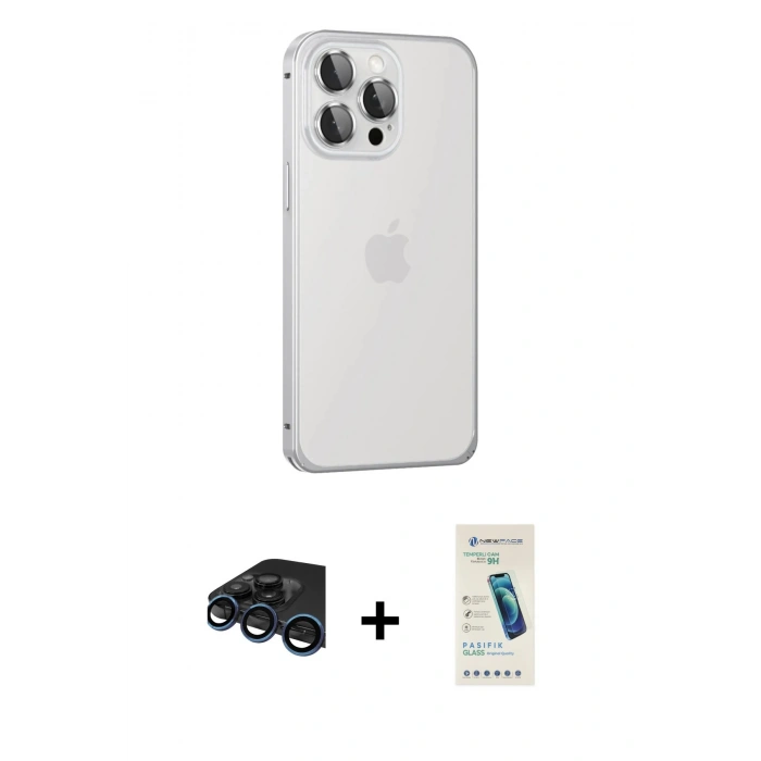MARSİLYAN™- iPhone 15 Pro Max Kılıf Eksen Form Serisi - Şeffaf Pasifik Cam Ekran Koruyucu + Raze Metal Kamera Lens - LT