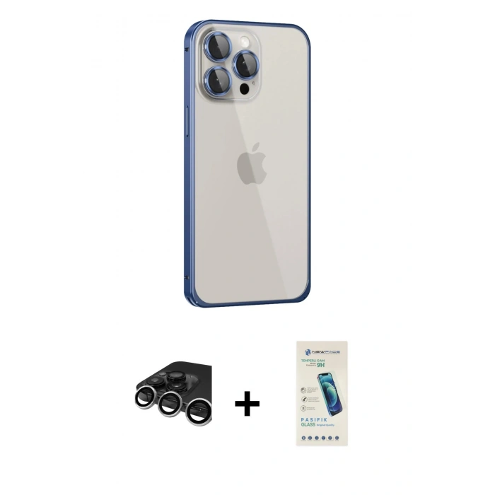 MARSİLYAN™- iPhone 15 Pro Max Kılıf Eksen Form Serisi - Şeffaf Pasifik Cam Ekran Koruyucu + Raze Metal Kamera Lens - GS