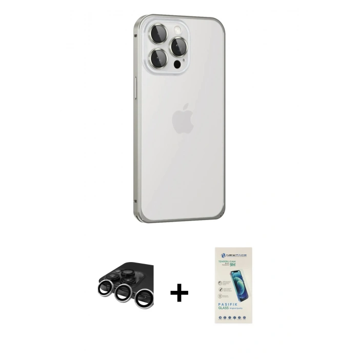 MARSİLYAN™- iPhone 15 Pro Max Kılıf Eksen Form Serisi - Şeffaf Pasifik Cam Ekran Koruyucu + Raze Metal Kamera Lens - GS