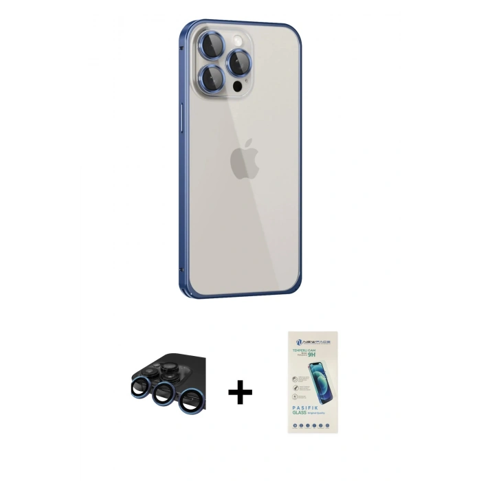 MARSİLYAN™- iPhone 15 Pro Max Kılıf Eksen Form Serisi - Şeffaf Pasifik Cam Ekran Koruyucu + Raze Metal Kamera Lens - LT
