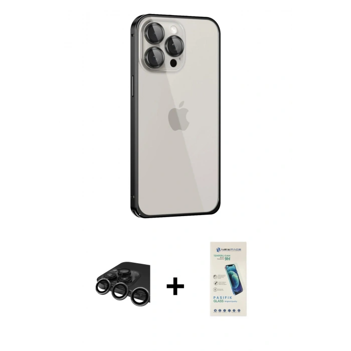 MARSİLYAN™- iPhone 15 Pro Max Kılıf Eksen Form Serisi - Şeffaf Pasifik Cam Ekran Koruyucu + Raze Metal Kamera Lens - TMGI
