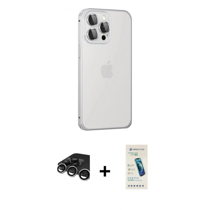 MARSİLYAN™- iPhone 15 Pro Max Kılıf Eksen Form Serisi - Şeffaf Pasifik Cam Ekran Koruyucu + Raze Metal Kamera Lens - GS