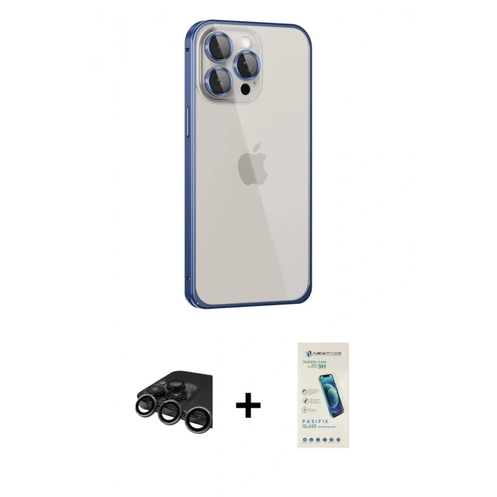 MARSİLYAN™- iPhone 15 Pro Max Kılıf Eksen Form Serisi - Şeffaf Pasifik Cam Ekran Koruyucu + Raze Metal Kamera Lens - TMGI