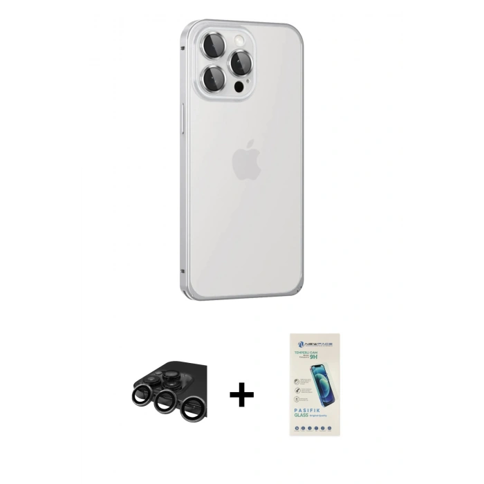 MARSİLYAN™- iPhone 15 Pro Max Kılıf Eksen Form Serisi - Şeffaf Pasifik Cam Ekran Koruyucu + Raze Metal Kamera Lens - TMGI
