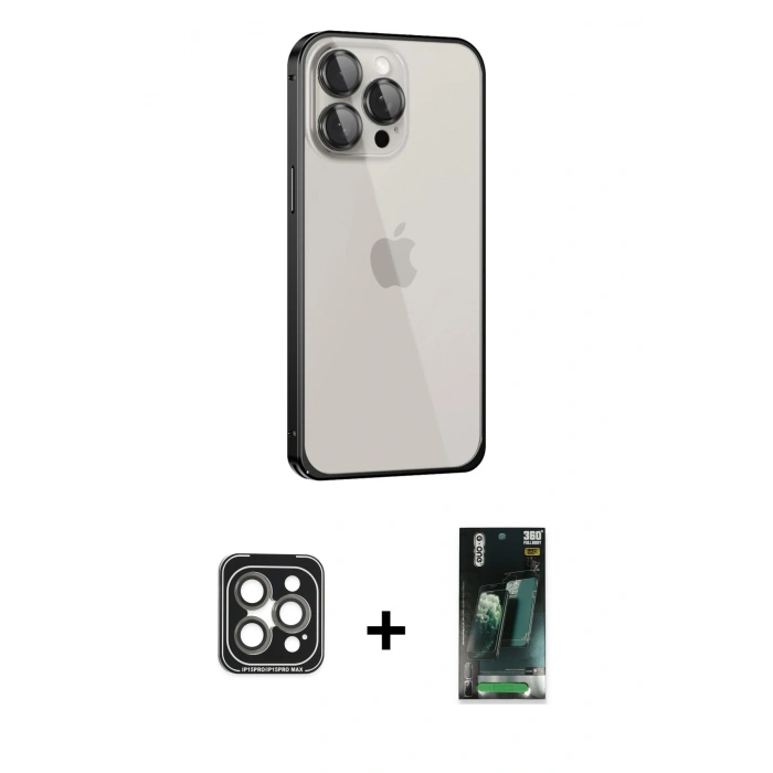 MARSİLYAN™- iPhone 15 Pro Max Kılıf Eksen Form Serisi - Siyah 360 Mat Full Body Arka Koruyucu + Gri PVD Metal Kamera Lens