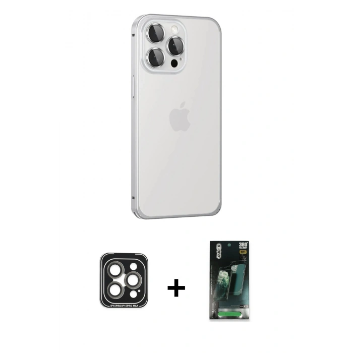 MARSİLYAN™- iPhone 15 Pro Max Kılıf Eksen Form Serisi - Siyah 360 Mat Full Body Arka Koruyucu + Gri PVD Metal Kamera Lens