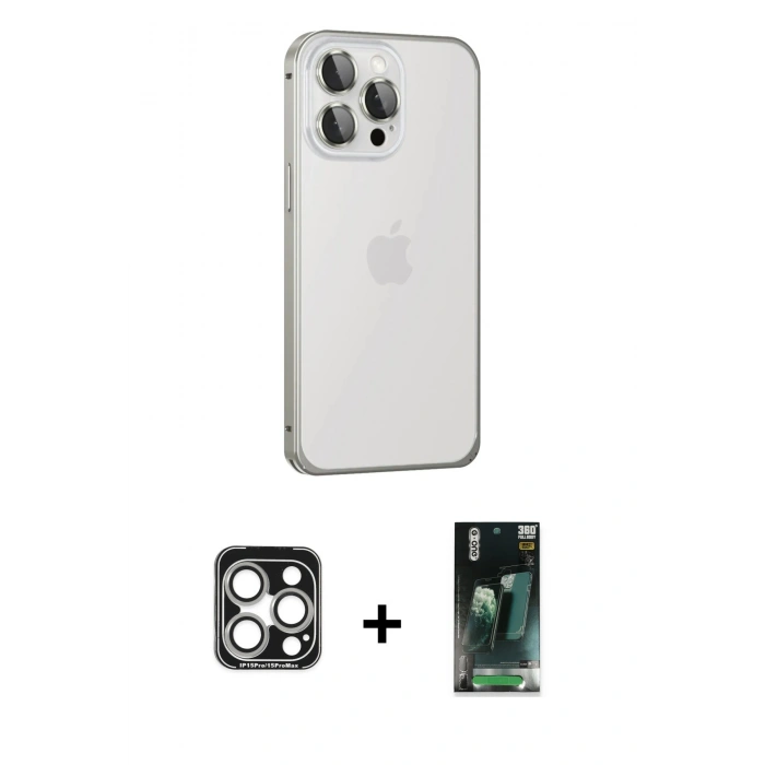 MARSİLYAN™- iPhone 15 Pro Max Kılıf Eksen Form Serisi - Siyah 360 Mat Full Body Arka Koruyucu + PVD Metal Kamera Lens - GS