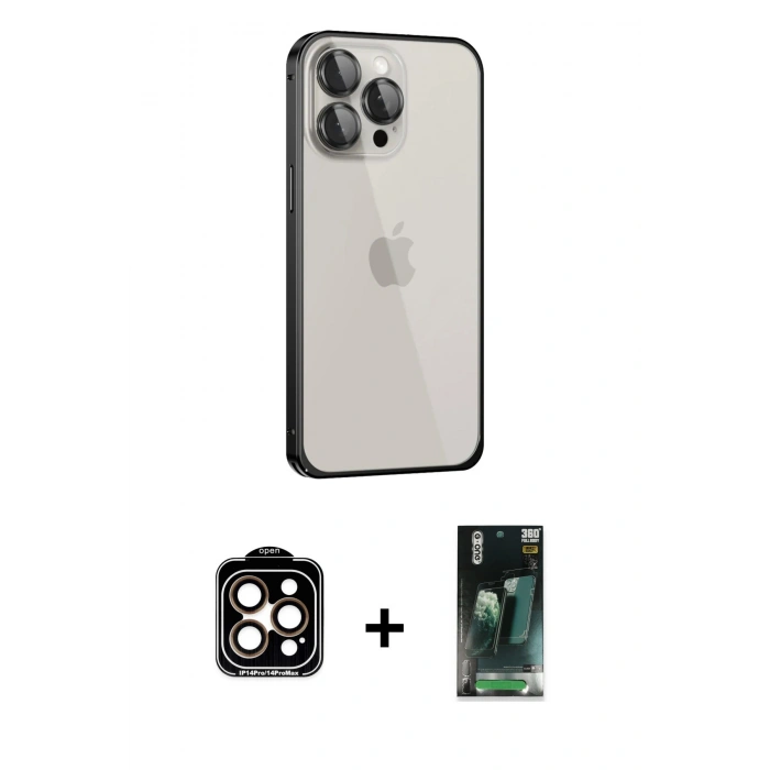 MARSİLYAN™- iPhone 15 Pro Max Kılıf Eksen Form Serisi - Siyah 360 Mat Full Body Arka Koruyucu + PVD Metal Kamera Lens - TU
