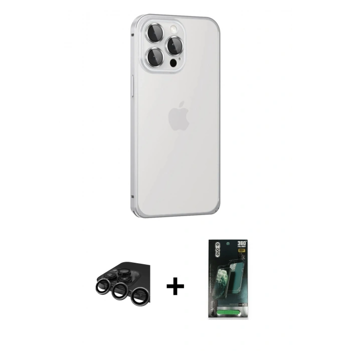 MARSİLYAN™- iPhone 15 Pro Max Kılıf Eksen Form Serisi - Siyah 360 Mat Full Body Arka Koruyucu + Raze Metal Kamera Lens - TMGI