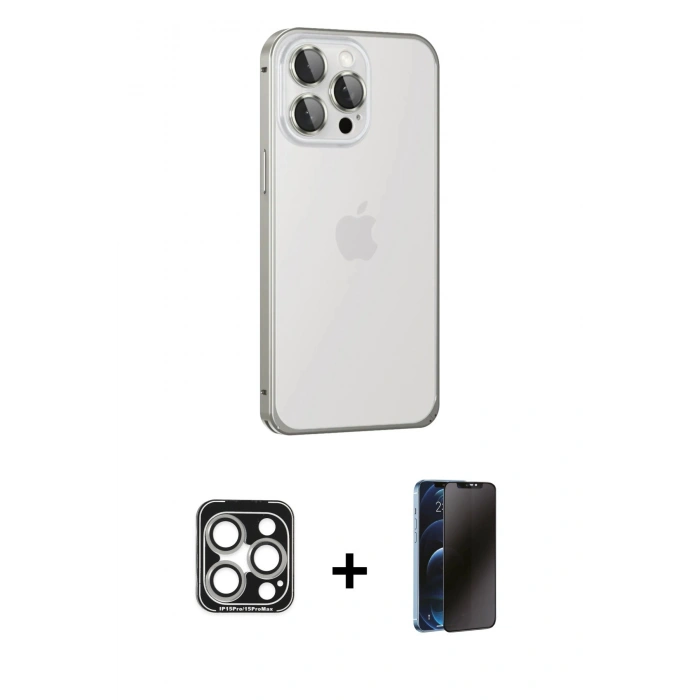 MARSİLYAN™- iPhone 15 Pro Max Kılıf Eksen Form Serisi - Siyah 3D Antistatik Hayalet Cam Ekran Koruyucu + PVD Metal Kamera Lens - GS