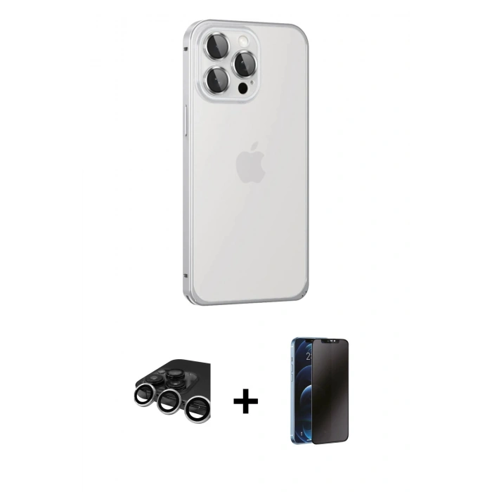 MARSİLYAN™- iPhone 15 Pro Max Kılıf Eksen Form Serisi - Siyah 3D Antistatik Hayalet Cam Ekran Koruyucu + Raze Metal Kamera Lens - GS