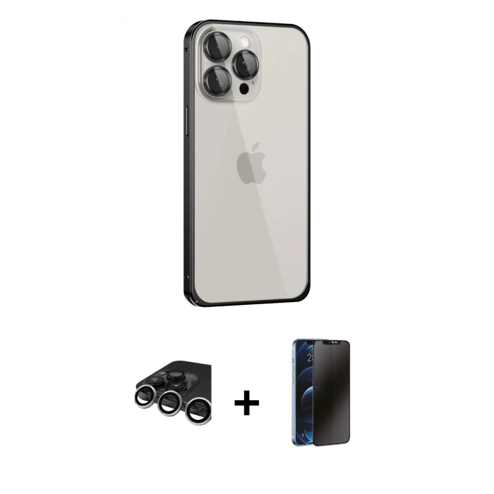 MARSİLYAN™- iPhone 15 Pro Max Kılıf Eksen Form Serisi - Siyah 3D Antistatik Hayalet Cam Ekran Koruyucu + Raze Metal Kamera Lens - GS