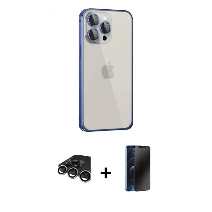 MARSİLYAN™- iPhone 15 Pro Max Kılıf Eksen Form Serisi - Siyah 3D Antistatik Hayalet Cam Ekran Koruyucu + Raze Metal Kamera Lens - GS