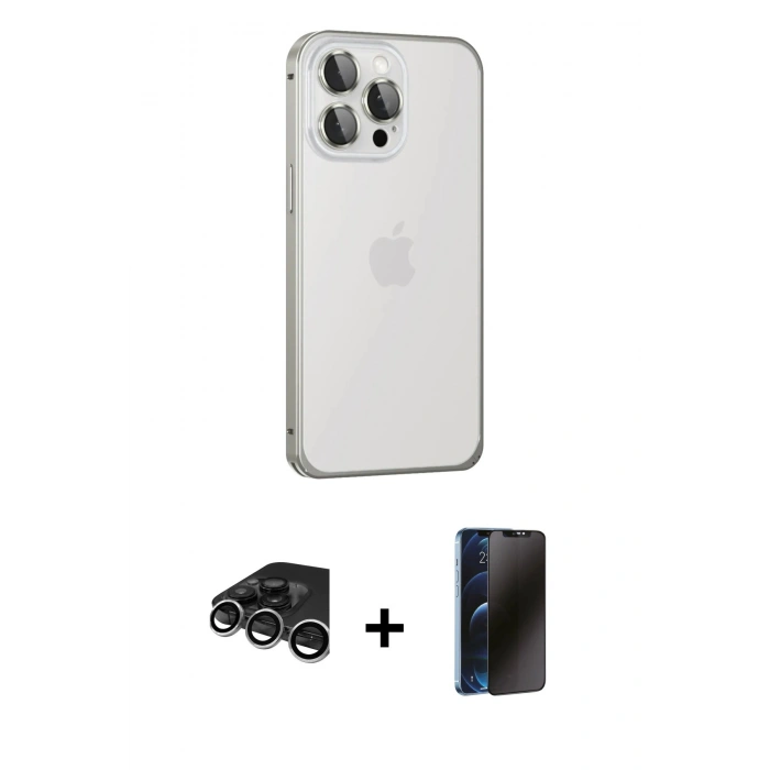 MARSİLYAN™- iPhone 15 Pro Max Kılıf Eksen Form Serisi - Siyah 3D Antistatik Hayalet Cam Ekran Koruyucu + Raze Metal Kamera Lens - GS