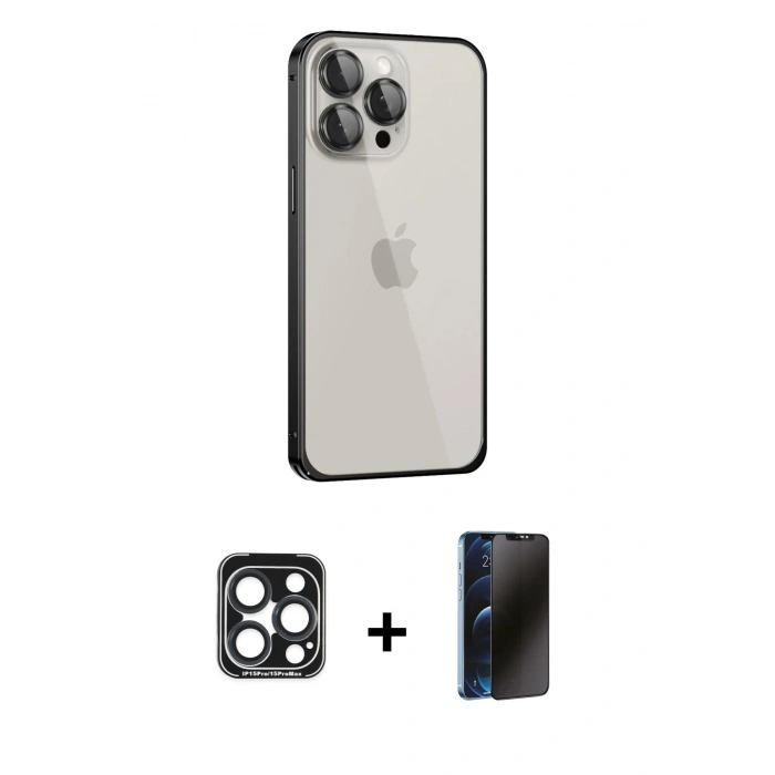 MARSİLYAN™- iPhone 15 Pro Max Kılıf Eksen Form Serisi - Siyah 3D Antistatik Hayalet Cam Ekran Koruyucu + PVD Metal Kamera Lens - LT