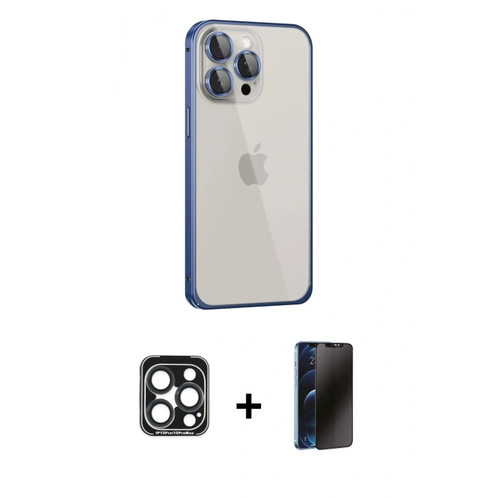 MARSİLYAN™- iPhone 15 Pro Max Kılıf Eksen Form Serisi - Siyah 3D Antistatik Hayalet Cam Ekran Koruyucu + PVD Metal Kamera Lens - LT