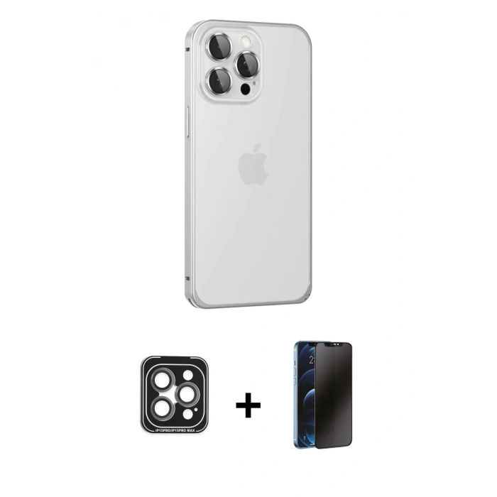 MARSİLYAN™- iPhone 15 Pro Max Kılıf Eksen Form Serisi - Siyah 3D Antistatik Hayalet Cam Ekran Koruyucu + PVD Metal Kamera Lens - GI