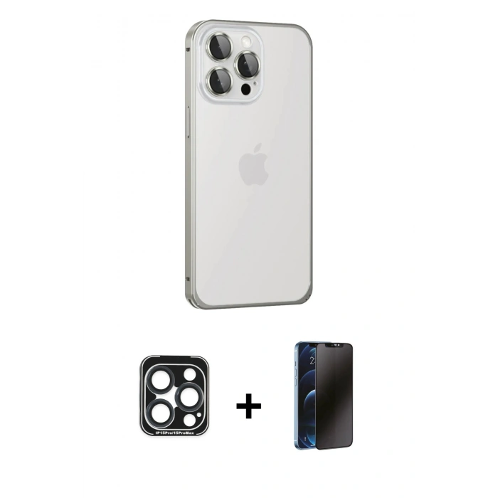 MARSİLYAN™- iPhone 15 Pro Max Kılıf Eksen Form Serisi - Siyah 3D Antistatik Hayalet Cam Ekran Koruyucu + PVD Metal Kamera Lens - LT
