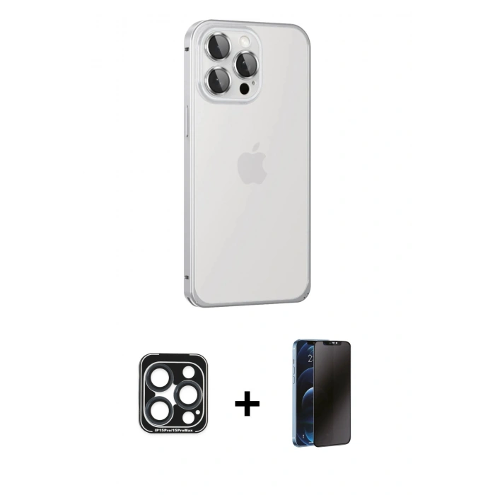 MARSİLYAN™- iPhone 15 Pro Max Kılıf Eksen Form Serisi - Siyah 3D Antistatik Hayalet Cam Ekran Koruyucu + PVD Metal Kamera Lens - LT