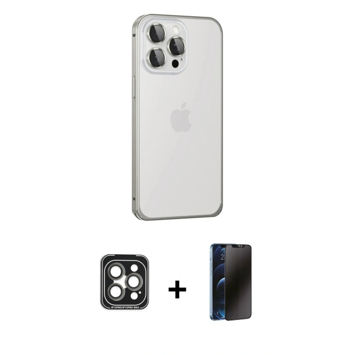 MARSİLYAN™- iPhone 15 Pro Max Kılıf Eksen Form Serisi - Siyah 3D Antistatik Hayalet Cam Ekran Koruyucu + PVD Metal Kamera Lens - GI