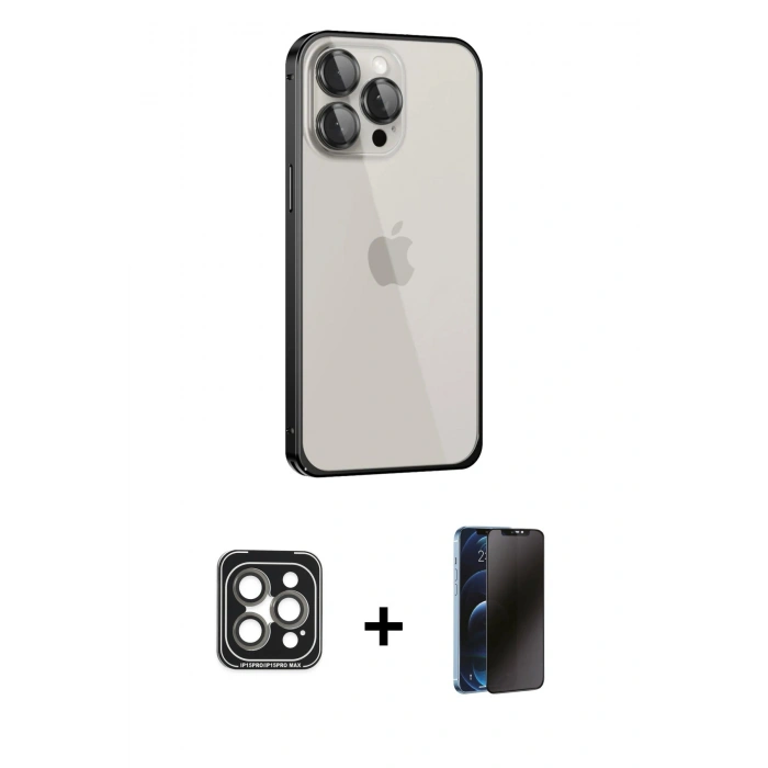 MARSİLYAN™- iPhone 15 Pro Max Kılıf Eksen Form Serisi - Siyah 3D Antistatik Hayalet Cam Ekran Koruyucu + PVD Metal Kamera Lens - GI