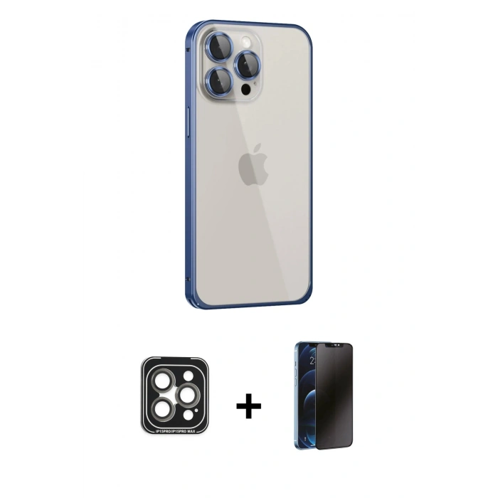 MARSİLYAN™- iPhone 15 Pro Max Kılıf Eksen Form Serisi - Siyah 3D Antistatik Hayalet Cam Ekran Koruyucu + PVD Metal Kamera Lens - GI