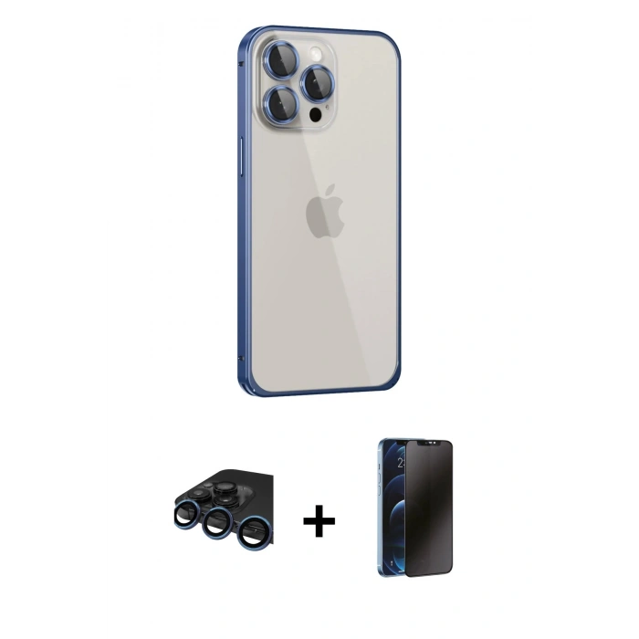 MARSİLYAN™- iPhone 15 Pro Max Kılıf Eksen Form Serisi - Siyah 3D Antistatik Hayalet Cam Ekran Koruyucu + Raze Metal Kamera Lens - LT
