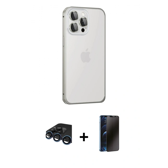 MARSİLYAN™- iPhone 15 Pro Max Kılıf Eksen Form Serisi - Siyah 3D Antistatik Hayalet Cam Ekran Koruyucu + Raze Metal Kamera Lens - LT