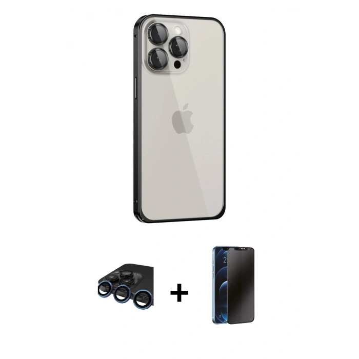 MARSİLYAN™- iPhone 15 Pro Max Kılıf Eksen Form Serisi - Siyah 3D Antistatik Hayalet Cam Ekran Koruyucu + Raze Metal Kamera Lens - LT
