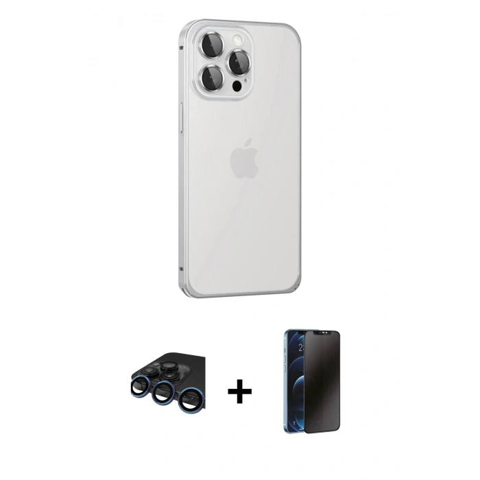 MARSİLYAN™- iPhone 15 Pro Max Kılıf Eksen Form Serisi - Siyah 3D Antistatik Hayalet Cam Ekran Koruyucu + Raze Metal Kamera Lens - LT