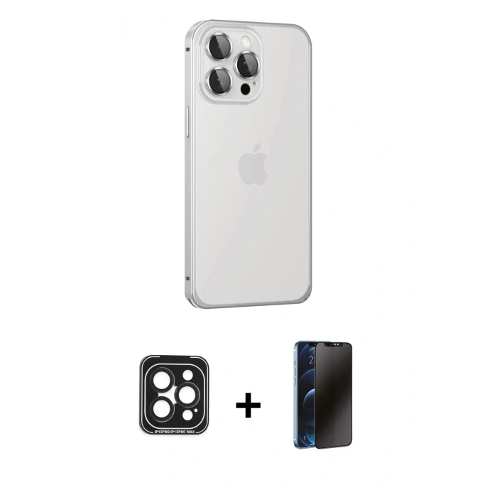 MARSİLYAN™- iPhone 15 Pro Max Kılıf Eksen Form Serisi - Siyah 3D Antistatik Hayalet Cam Ekran Koruyucu + Siyah PVD Metal Kamera Lens