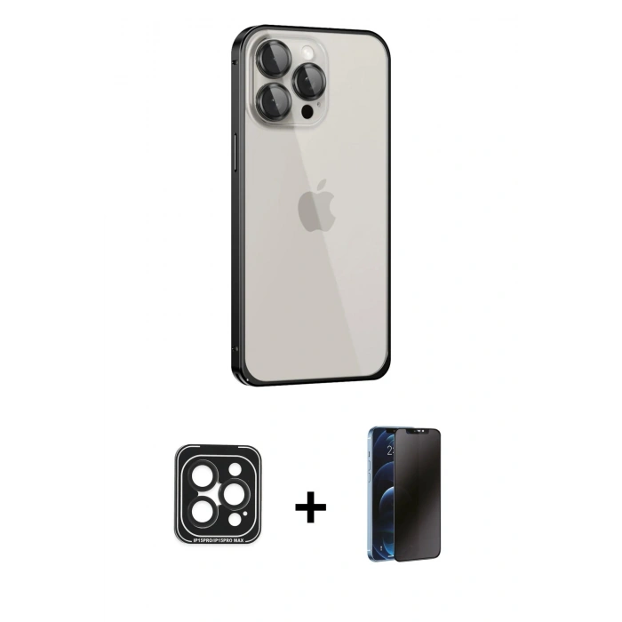 MARSİLYAN™- iPhone 15 Pro Max Kılıf Eksen Form Serisi - Siyah 3D Antistatik Hayalet Cam Ekran Koruyucu + Siyah PVD Metal Kamera Lens