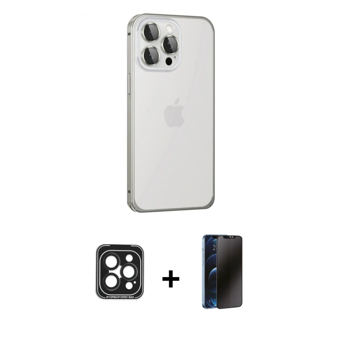 MARSİLYAN™- iPhone 15 Pro Max Kılıf Eksen Form Serisi - Siyah 3D Antistatik Hayalet Cam Ekran Koruyucu + Siyah PVD Metal Kamera Lens