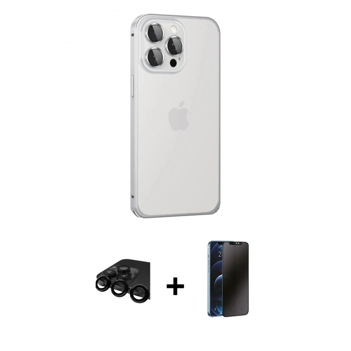 MARSİLYAN™- iPhone 15 Pro Max Kılıf Eksen Form Serisi - Siyah 3D Antistatik Hayalet Cam Ekran Koruyucu + Raze Metal Kamera Lens - SH