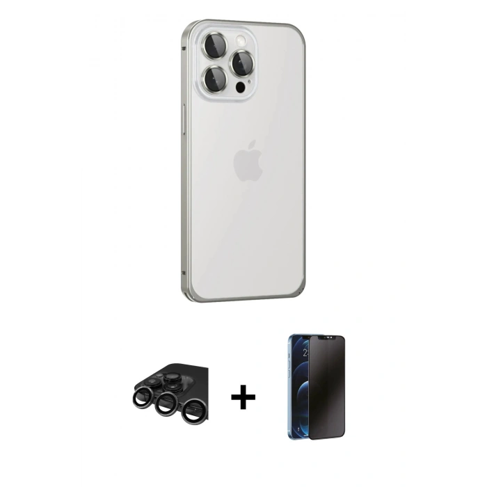 MARSİLYAN™- iPhone 15 Pro Max Kılıf Eksen Form Serisi - Siyah 3D Antistatik Hayalet Cam Ekran Koruyucu + Raze Metal Kamera Lens - TMGI