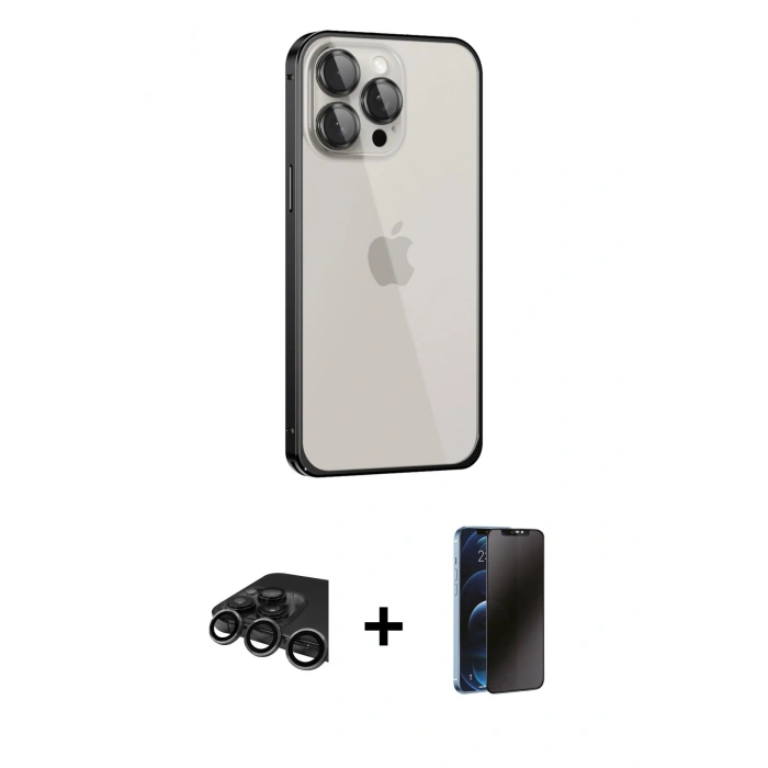 MARSİLYAN™- iPhone 15 Pro Max Kılıf Eksen Form Serisi - Siyah 3D Antistatik Hayalet Cam Ekran Koruyucu + Raze Metal Kamera Lens - TMGI