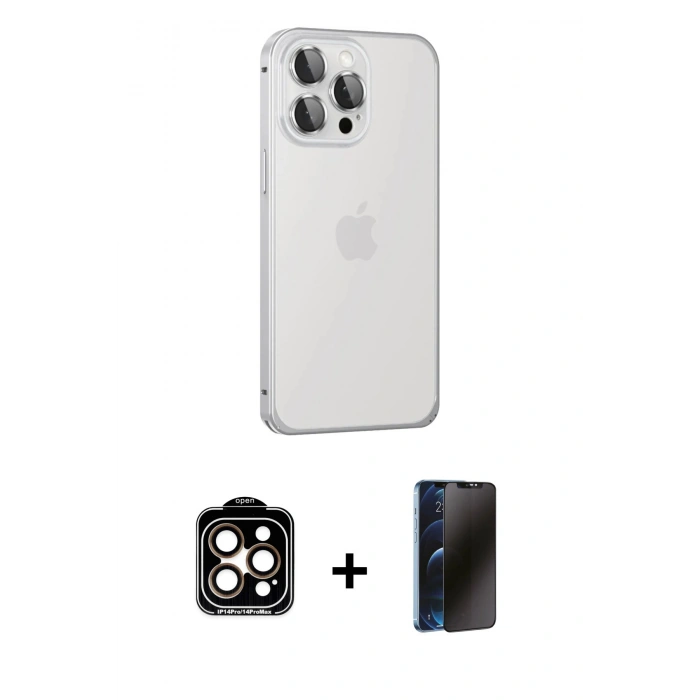 MARSİLYAN™- iPhone 15 Pro Max Kılıf Eksen Form Serisi - Siyah 3D Antistatik Hayalet Cam Ekran Koruyucu + PVD Metal Kamera Lens - TU