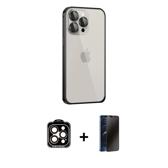 MARSİLYAN™- iPhone 15 Pro Max Kılıf Eksen Form Serisi - Siyah 3D Antistatik Hayalet Cam Ekran Koruyucu + PVD Metal Kamera Lens - TU