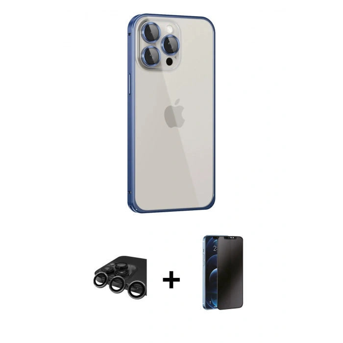 MARSİLYAN™- iPhone 15 Pro Max Kılıf Eksen Form Serisi - Siyah 3D Antistatik Hayalet Cam Ekran Koruyucu + Raze Metal Kamera Lens - TMGI