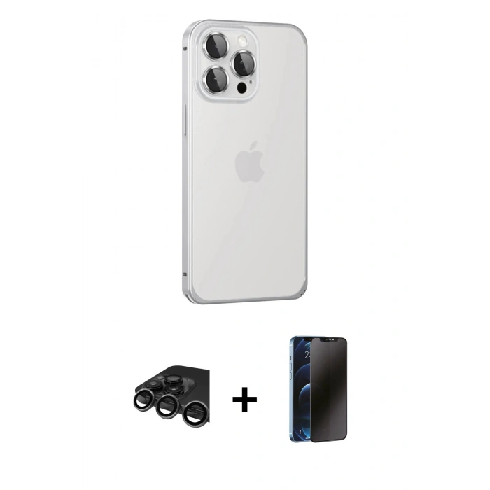 MARSİLYAN™- iPhone 15 Pro Max Kılıf Eksen Form Serisi - Siyah 3D Antistatik Hayalet Cam Ekran Koruyucu + Raze Metal Kamera Lens - TMGI