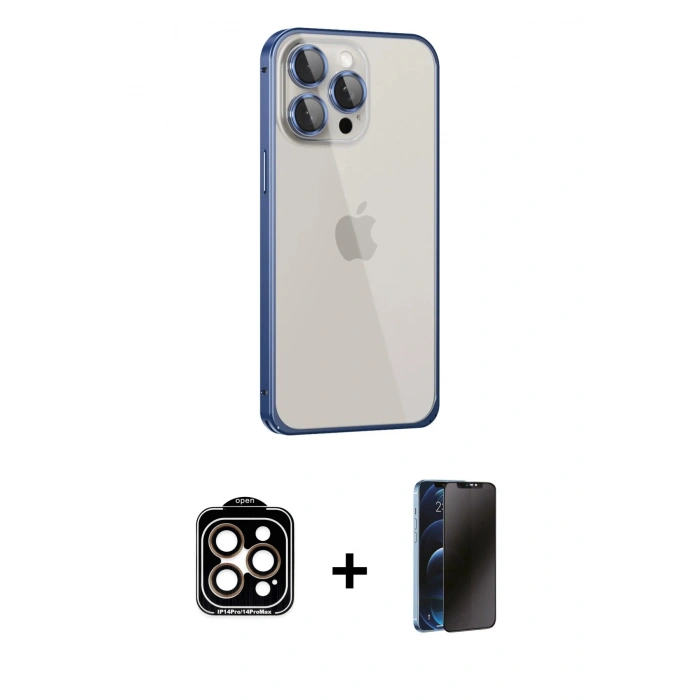 MARSİLYAN™- iPhone 15 Pro Max Kılıf Eksen Form Serisi - Siyah 3D Antistatik Hayalet Cam Ekran Koruyucu + PVD Metal Kamera Lens - TU