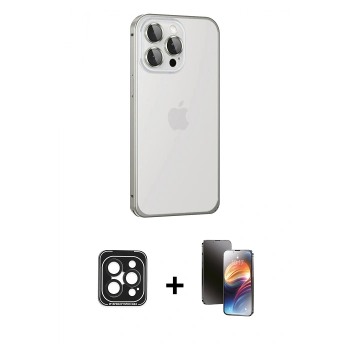MARSİLYAN™- iPhone 15 Pro Max Kılıf Eksen Form Serisi - Siyah 3D Antistatik Mat Seramik Nano Ekran Koruyucu + Siyah PVD Metal Kamera Lens